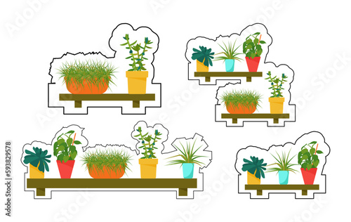 Stickers of house plants and care tools. Interior Scandinavian design. Design element.