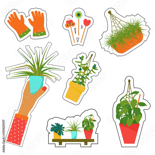 Stickers of house plants and care tools. Interior Scandinavian design. Design element.