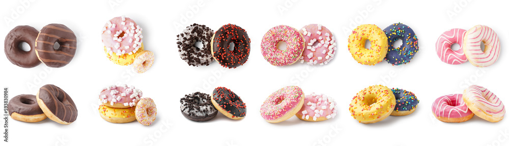 Set of different sweet donuts on white background Set of different sweet donuts on white background