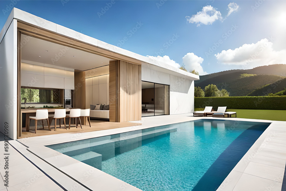 The exterior design of a house that incorporates a swimming pool using high-end materials, like marble, tile, and natural stone, to create a visually stunning and luxurious space | Generative AI
