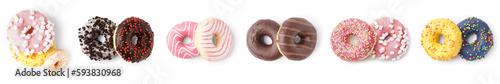 Set of different sweet donuts on white background, top view