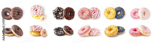 Set of different sweet donuts on white background