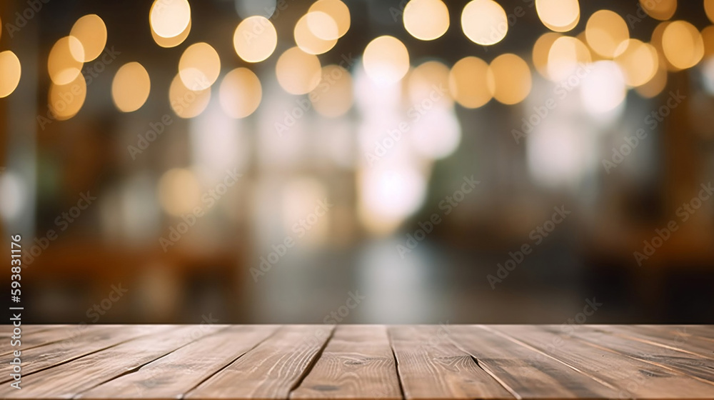 Empty Wooden Table Top with Bokeh Lights on Blurred Restaurant Background. created with Generative AI Empty Wooden Table Top with Bokeh Lights on Blurred Restaurant Background. created with Generative AI
