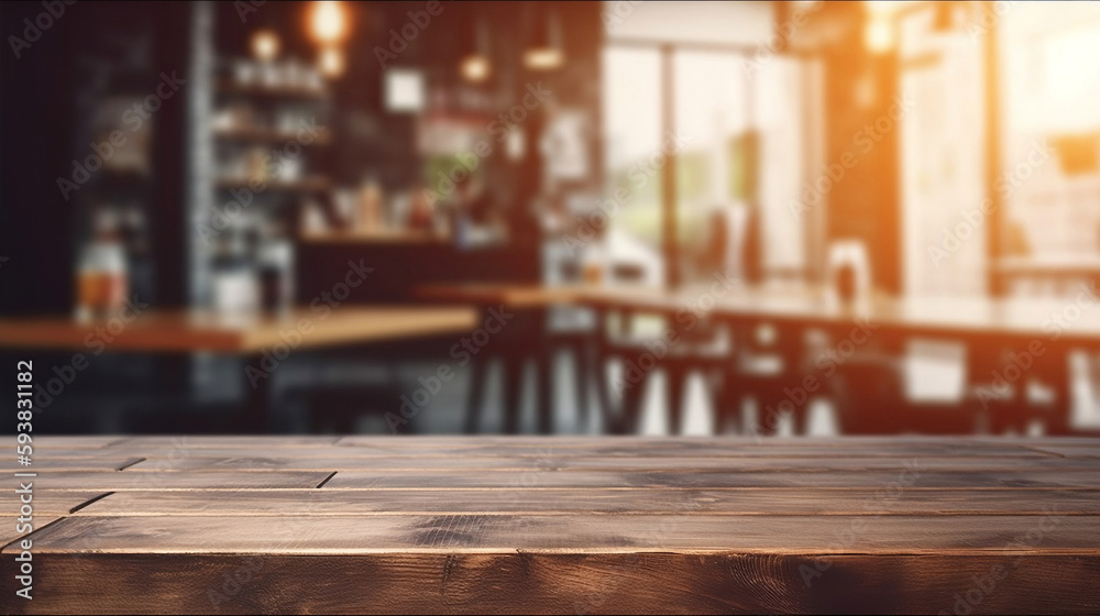 Empty Old Wood Table Top with Blurred Bokeh Cafe and Coffee Shop Interior Background. created with Generative AI