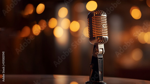 Vintage Microphone on Stage with Bokeh Lights Background. created with Generative AI © photobuay