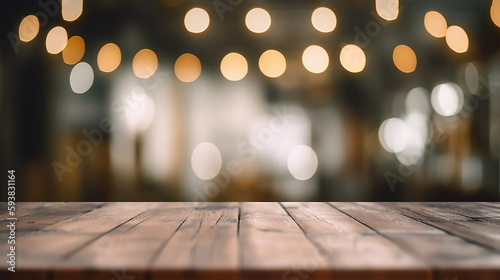 Empty Wooden Table Top with Bokeh Lights on Blurred Restaurant Background. created with Generative AI