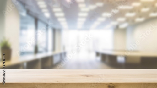 Wood Table Top with Blurred Bokeh Office Interior Space Background. created with Generative AI