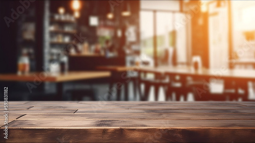 Empty Old Wood Table Top with Blurred Bokeh Cafe and Coffee Shop Interior Background. created with Generative AI © photobuay