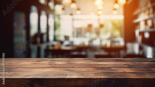 Empty Old Wood Table Top with Blurred Bokeh Cafe and Coffee Shop Interior Background. created with Generative AI © photobuay
