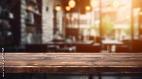 Empty Old Wood Table Top with Blurred Bokeh Cafe and Coffee Shop Interior Background. created with Generative AI