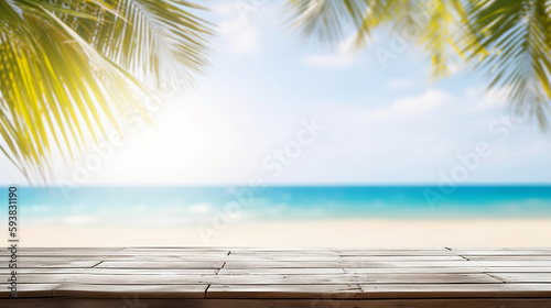 Tropical Beach Wood Table Top with Sea scape and Palm Leaves. created with Generative AI