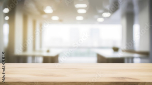 Wood Table Top with Blurred Bokeh Office Interior Space Background. created with Generative AI © photobuay