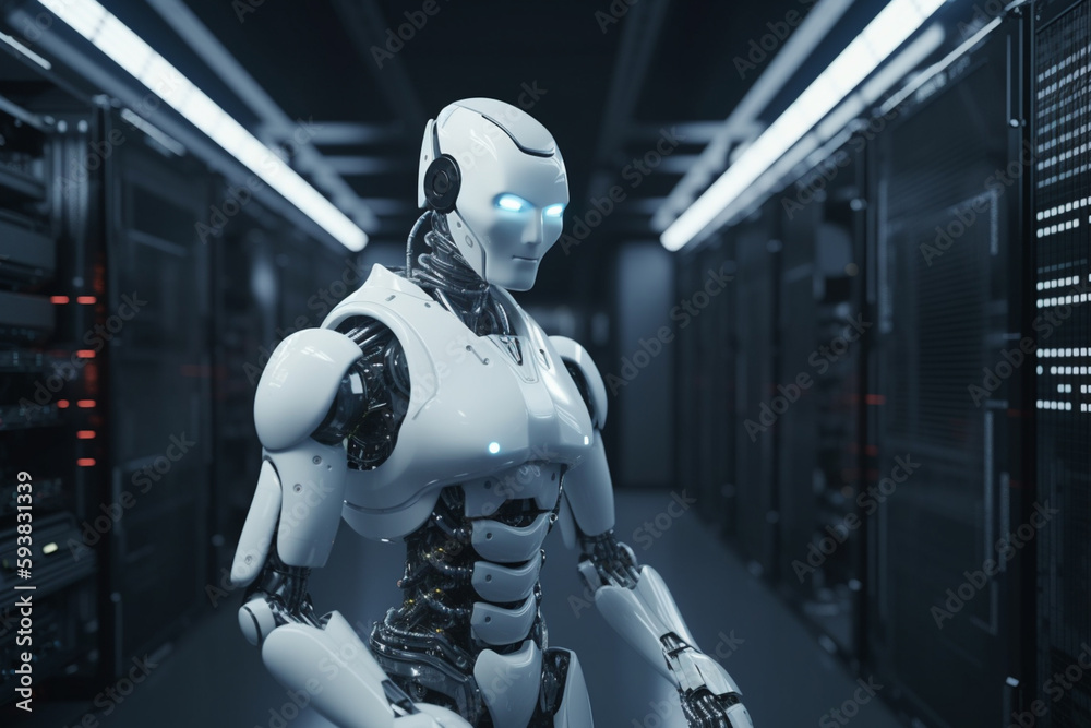 3d rendering humanoid robot working in data center room or server room 3d rendering humanoid robot working in data center room or server room