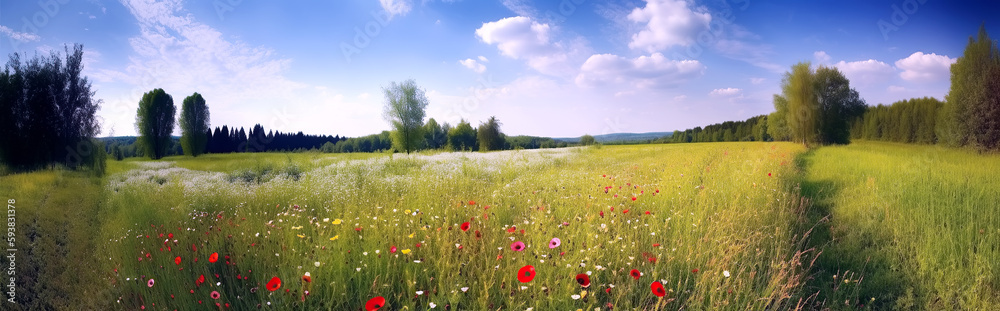 meadow field with flowers and trees on sunny summer day. Generative AI illustration