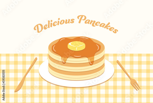 vector background with pancakes with butter and maple syrup on plate for banners, cards, flyers, social media wallpapers, etc.