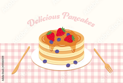 vector background with pancakes with strawberries,  blueberries and maple syrup on plate for banners, cards, flyers, social media wallpapers, etc.
