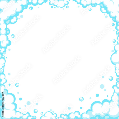 Soapy foam with bubbles. Frame of cartoon shampoo and shaving mousse foam suds. Clouds border. Vector illustration