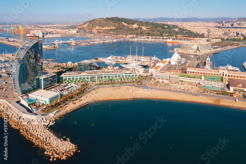 Aerial view of Ciutat Vella district with Barceloneta beach Spain
