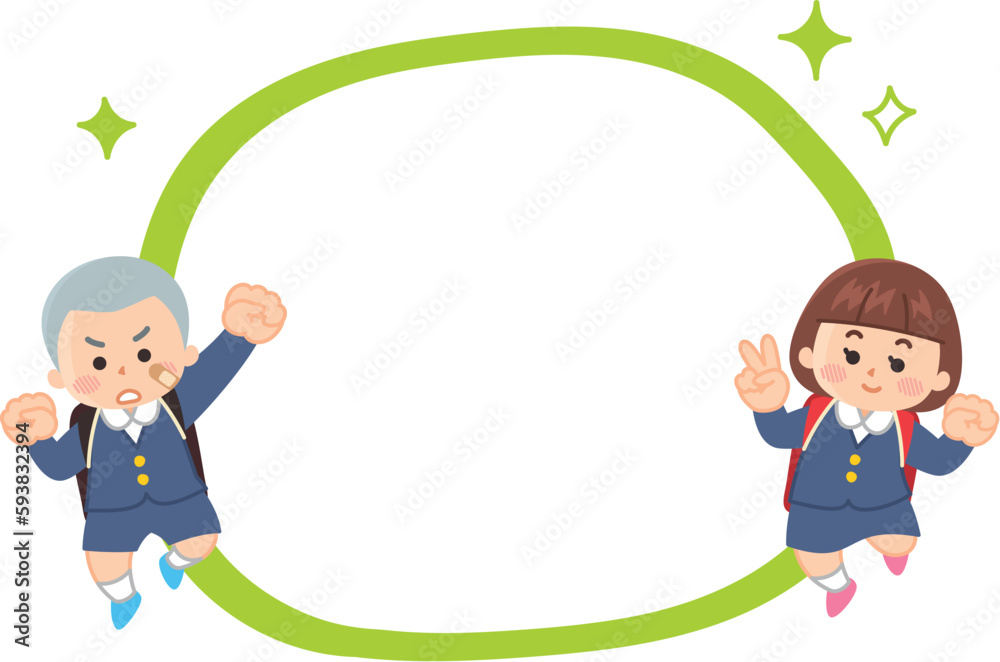 制服を着てランドセルを背負った小学生と吹き出しのイラストセット