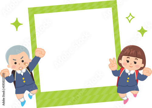 制服を着てランドセルを背負った小学生とフォトフレームのイラストセット