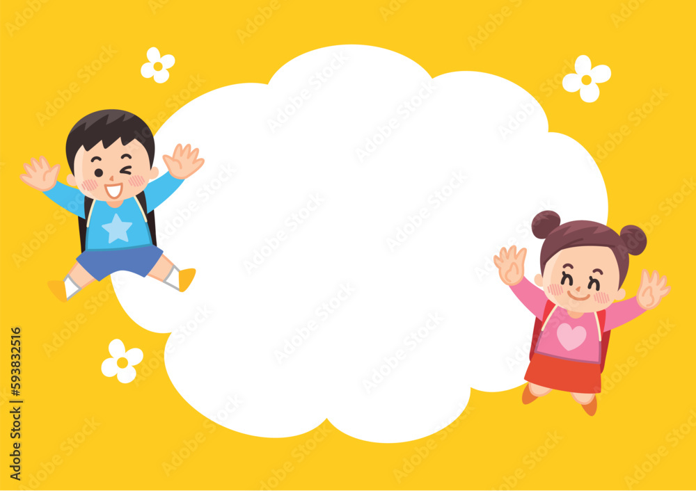 Naklejka premium 私服でランドセルを背負った小学生と吹き出しのイラストセット