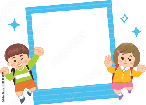 私服でランドセルを背負った小学生とフォトフレームのイラストセット