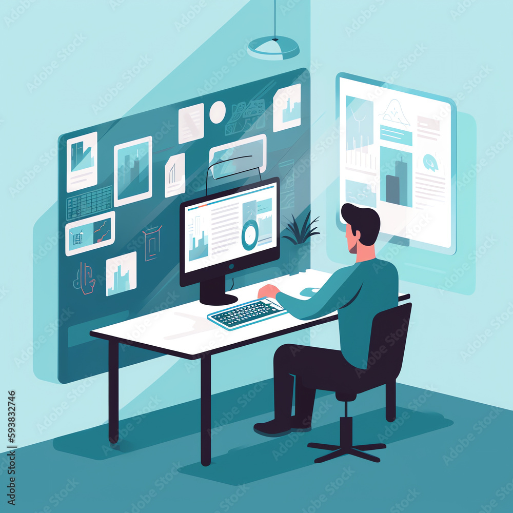 Virtual Classroom: Person at desk with virtual classroom open, highlighting features like video conferencing, interactive whiteboards. Background shows classroom settings. Generative AI. Virtual Classroom: Person at desk with virtual classroom open, highlighting features like video conferencing, interactive whiteboards. Background shows classroom settings. Generative AI.