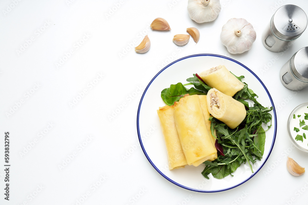 Concept of tasty food, thin pancakes with filling, space for text Concept of tasty food, thin pancakes with filling, space for text