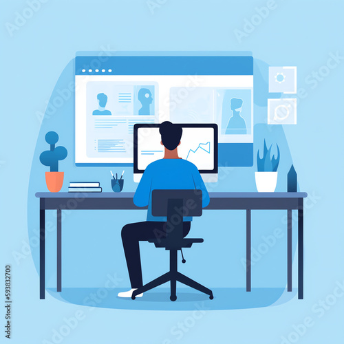 Virtual Classroom: Person at desk with virtual classroom open, highlighting features like video conferencing, interactive whiteboards. Background shows classroom settings. Generative AI.