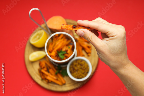 Concept of tasty food - sweet potato fries