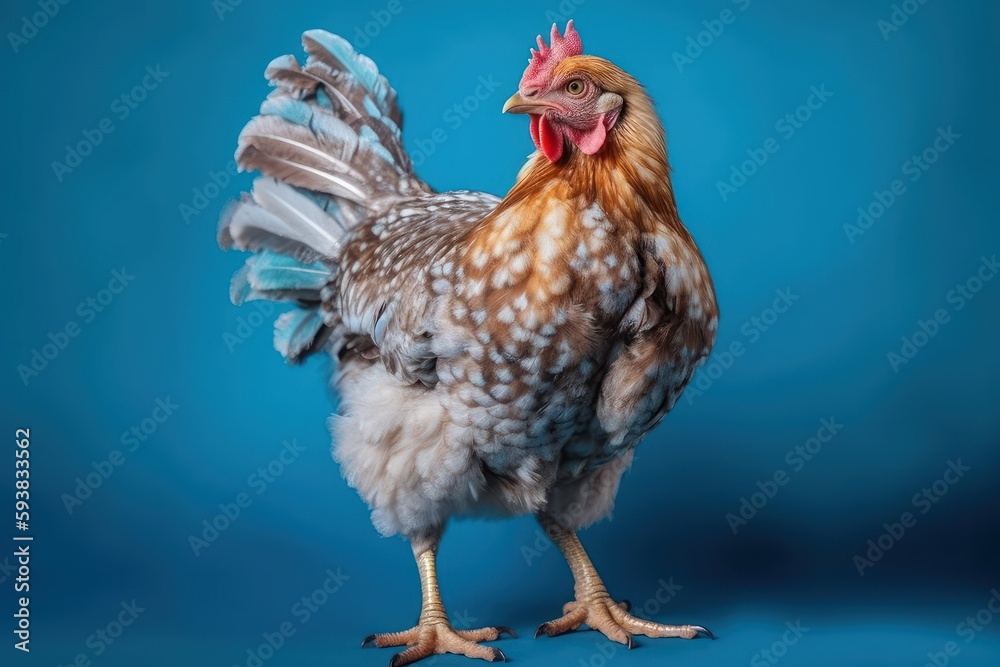 Fototapeta premium Chicken isolated on blue background. Created Generative AI