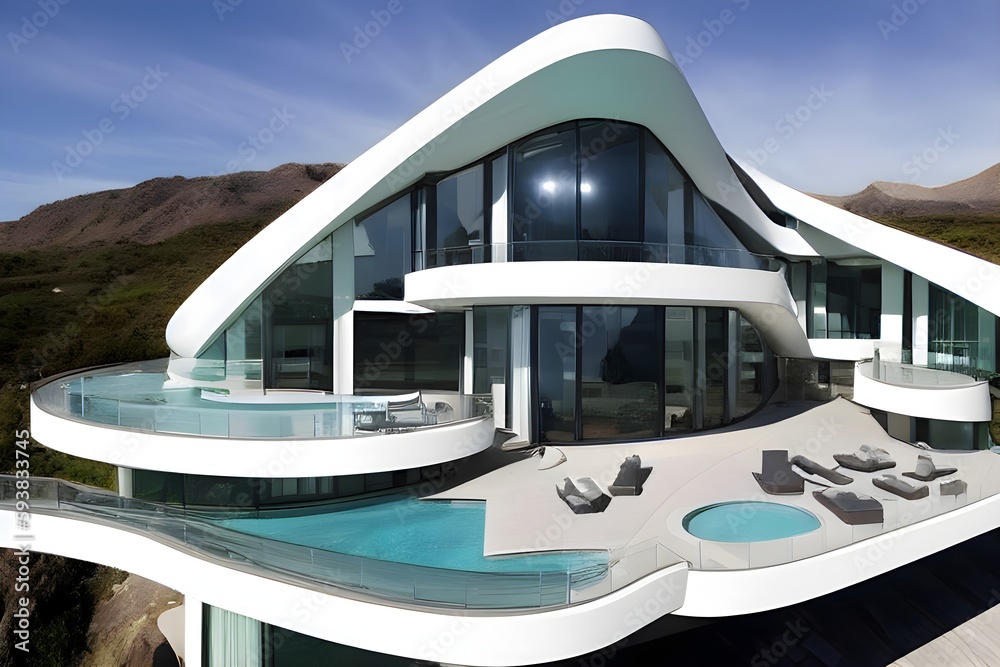 Exterior of the ultra-modern white house with stunning architecture and elegant lines. Panoramic windows, swimming pools, blue sky and green hills background. Generative AI