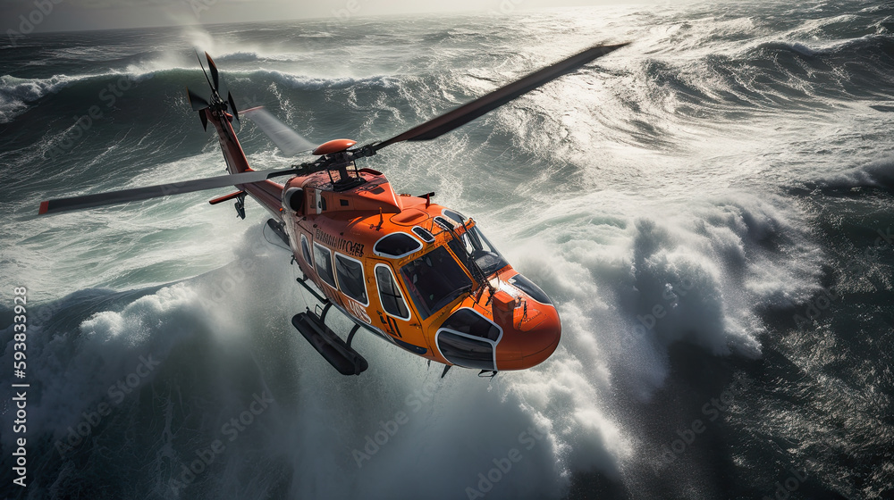 Red rescue helicopter lifts people out of a stormy sea. Red rescue helicopter lifts people out of a stormy sea.