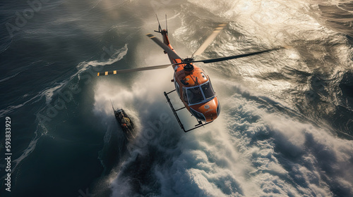 Foto Red rescue helicopter lifts people out of a stormy sea.