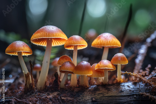 A group of small mushrooms growing on the forest floor and grass..