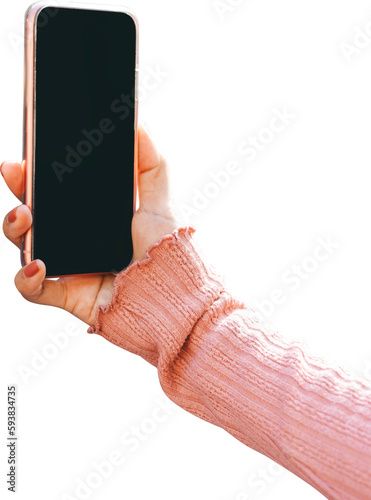Woman hand holding a smartphone for selfie isolated transparent background