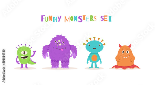 Set of cute aliens character vector illustration. Friendly blue alien, small green with one eye, large purple monster and funny orange beat with horns in cartoon style. Ideal for kids design