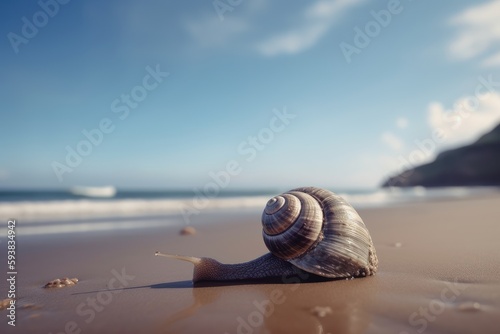 Sea Snail on tropical sea and sandy beach blue sky background. Created Generative Ai