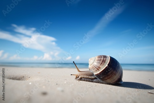 Sea Snail on tropical sea and sandy beach blue sky background. Created Generative Ai