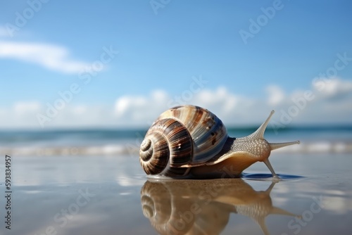 Sea Snail on tropical sea and sandy beach blue sky background. Created Generative Ai