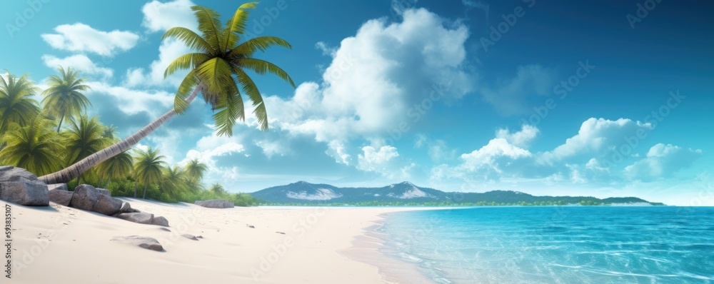 Fototapeta premium Panorama tropical sea and sandy beach with blue sky background. Generative AI