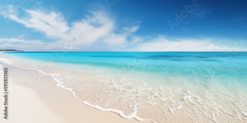 Panorama tropical sea and sandy beach with blue sky background. Generative AI © CYBERUSS
