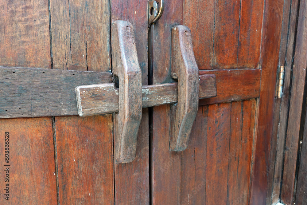 handmade wooden lock or ancient door latch.
Thailand traditional wood door handmade wooden lock or ancient door latch.
Thailand traditional wood door