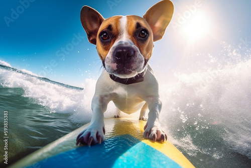 Small dog standing on surf board in ocean. Generative AI illustration