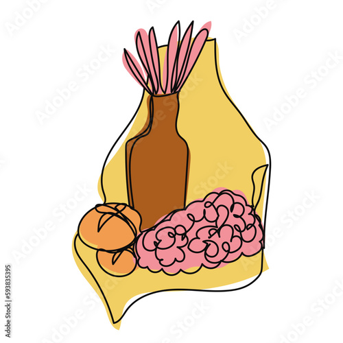 Abstract still life composition in pastel colors. Hand drawn vase, leaves and shapes. Contemporary art vector illustration for print t-shirts, cards, posters.