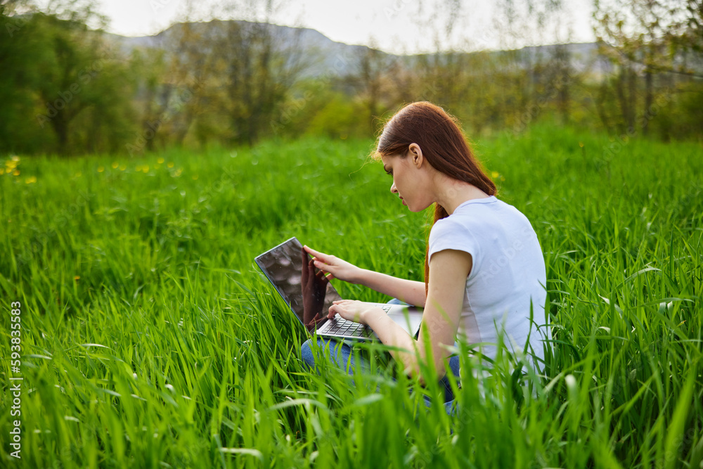 a woman works at a laptop while sitting in high green grass in nature, on a sunny summer day