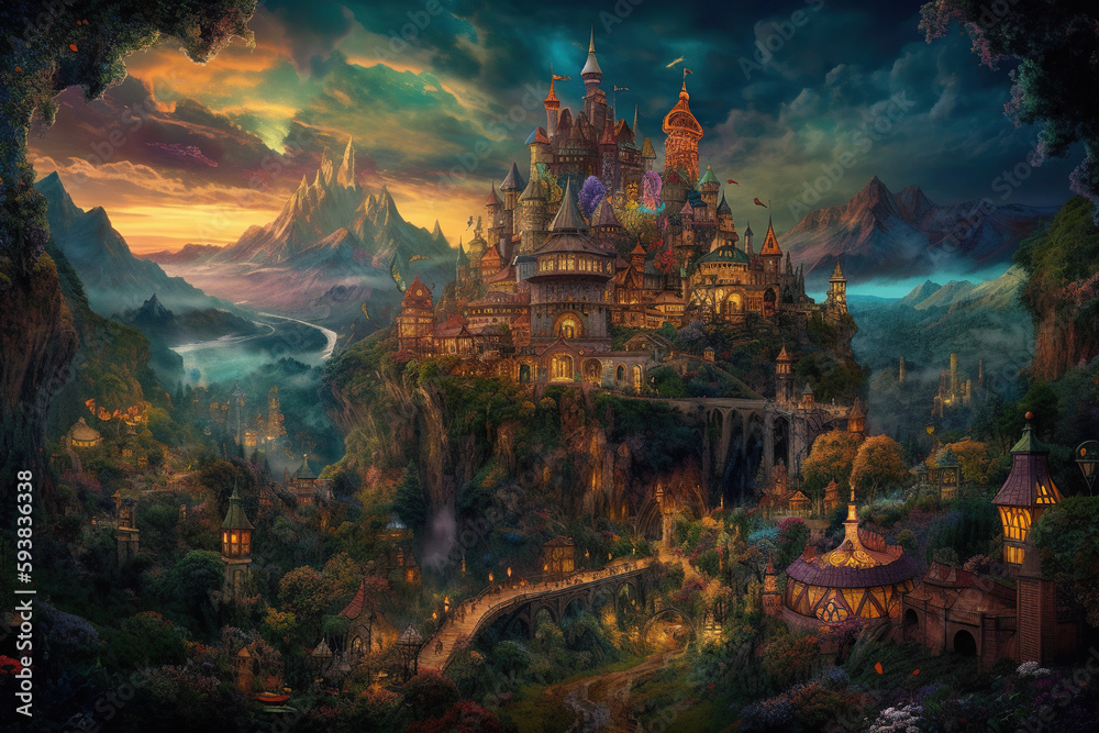 Magic Fairy Tale Castle in the deep forest. Fantasy landscape. Digital painting. Generative AI