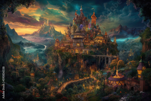 Magic Fairy Tale Castle in the deep forest. Fantasy landscape. Digital painting. Generative AI © LAYHONG