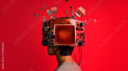 Contemporary art collage of male with TV instead head isolated over red background photo