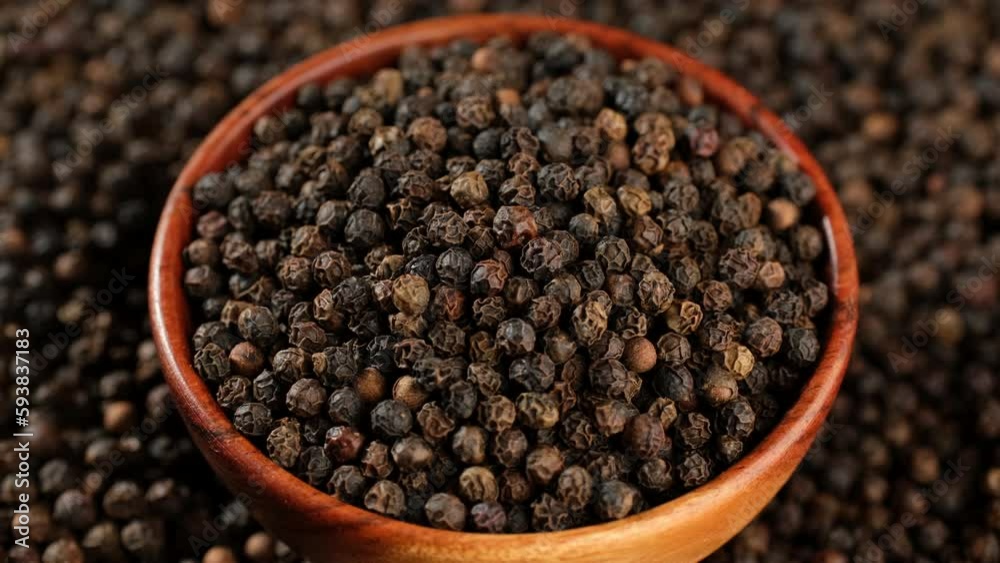 Dried black peppercorns in wooden bowl, rotation. Dry seasoning in wooden bowl. Seasonings and condiments concept